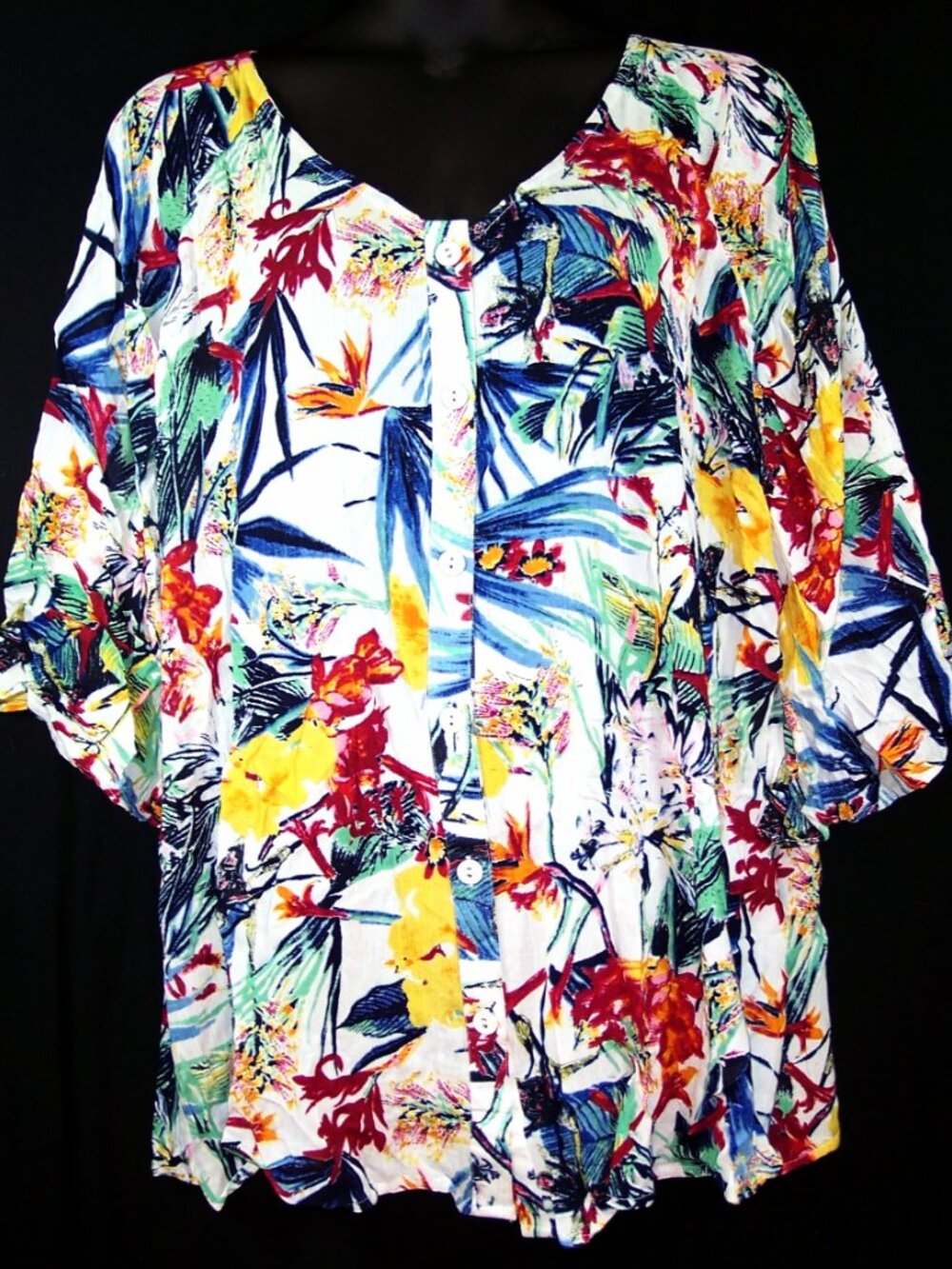 NEW Roaman's Angelina Tunic 22W Tropical Print Cold Shoulder Crinkle Crepe Top - Picture 3 of 15